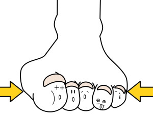 足首を圧迫するきつい靴を履いている様子