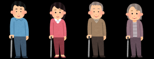 右足を痛めた人が左手で杖を使っている様子