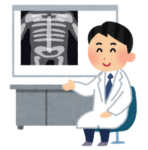 レントゲン写真を手に持つ医師のイラスト。整形外科での診察や骨の検査をイメージしている。