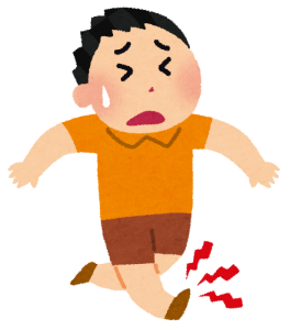 足首をひねって痛がっている人のイラスト。足関節捻挫の様子を表現。