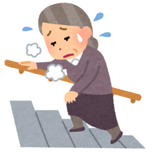 階段を慎重に降りる中高年の女性