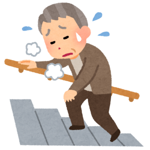 手すりを持ち、安全に階段を降りる高齢者の後ろ姿